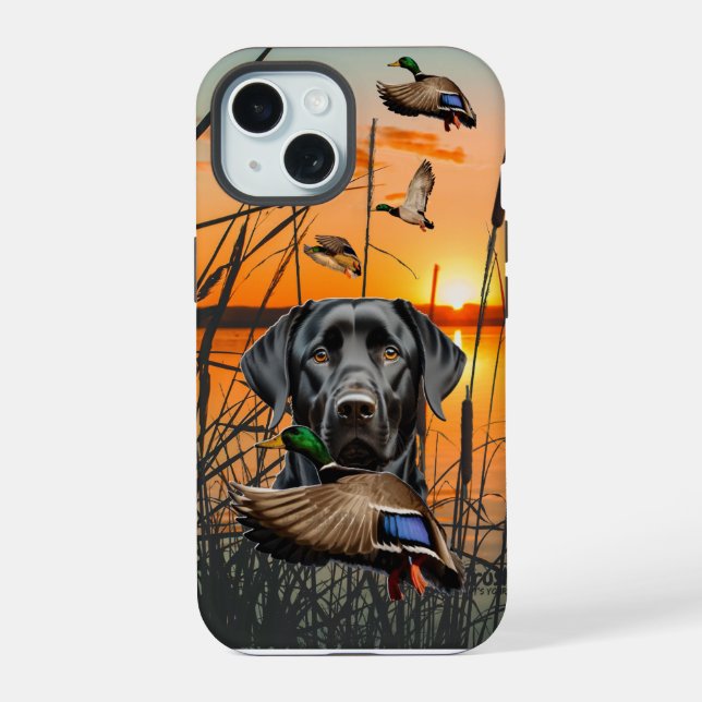 Coque iPhone 15 Étui robuste pour iPhone Flying Mallard et Labrado (Verso)