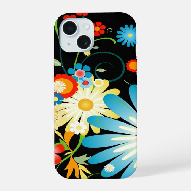Coque iPhone 15 Explosion Florale de Couleurs sur Fond Noir (Verso)