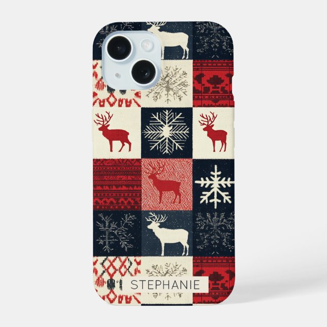 Coque iPhone 15 Fair Isle Patchwork | Reindeer (Verso)