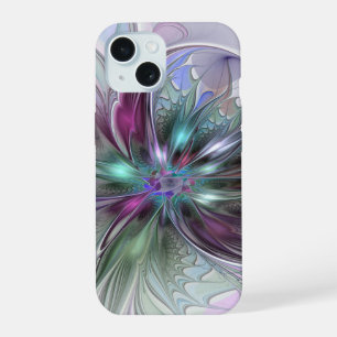 Coque iPhone 15 Fantaisie Abstraite Moderne Fleur Fractale Colorée