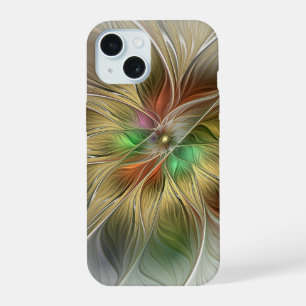 Coque iPhone 15 Fantaisie florale avec abstrait fractal moderne or