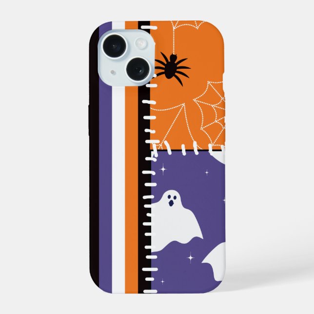 Coque iPhone 15 Fantômes de patchwork d'Halloween (Verso)