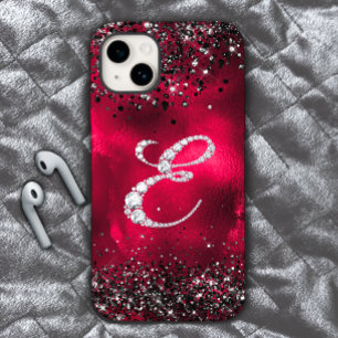 Coque iPhone 15 Faux de cristal lettre de strass E rouge noir