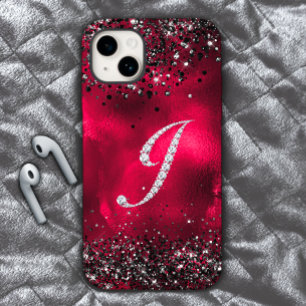 Coque iPhone 15 Faux de cristal lettre de strass J rouge noir
