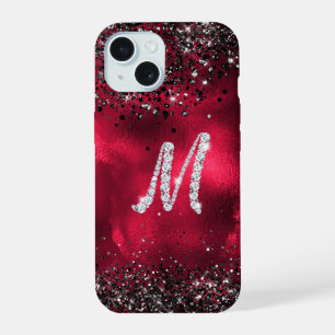Coque iPhone 15 Faux de cristal lettre de strass M rouge noir