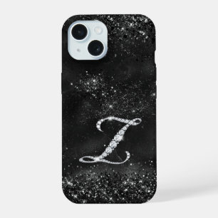 Coque iPhone 15 Faux de cristal lettre de strass Z noir