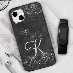 Coque iPhone 15 Faux de cristal stylé lettre de strass K noir