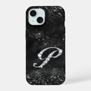 Coque iPhone 15 Faux de cristal stylé lettre de strass P noir