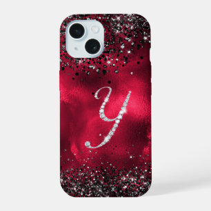 Coque iPhone 15 Faux stylisé Crystal rhinestone lettre Y rouge noi