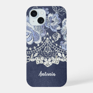 Coque iPhone 15 Faux velours bleu et broderie de dentelle simulée
