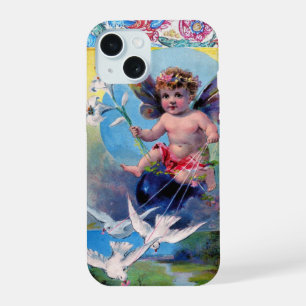 COQUE iPhone 15 FÉE BÉBÉ AVEC DES COLOMBES FLEUR ANTIQUE