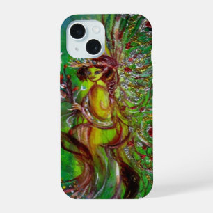 COQUE iPhone 15 FÉE VERTE AVEC ÉCLATS FLORAUX D'OR AU CLAIR DE LUN