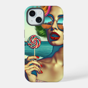 Coque iPhone 15 Femme Belle de l'Art Pop Rétro avec Sucette