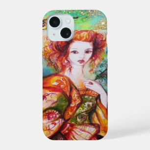 COQUE iPhone 15 FEMME ROMANTIQUE AVEC PLUME DE PAON ÉTOILÉE