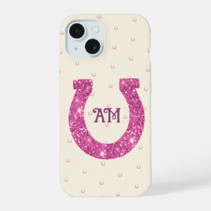 Coque iPhone 15 Fers à cheval scintillants rose chanceux avec init