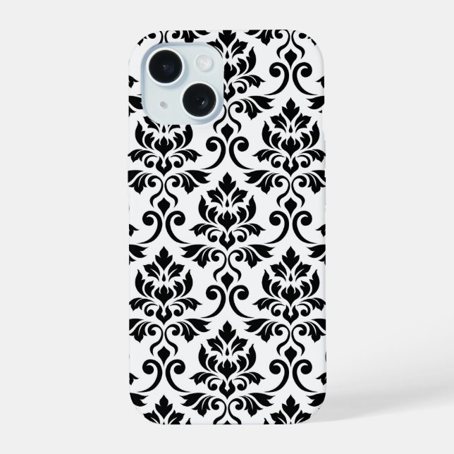 Coque iPhone 15 Feuille Damask Lg Motif noir sur blanc (Verso)