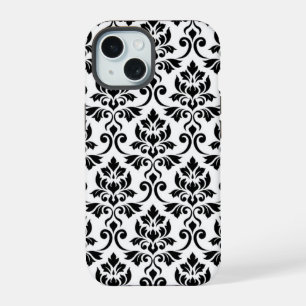 Coque iPhone 15 Feuille Damask Lg Motif noir sur blanc