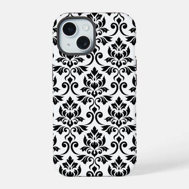 Coque iPhone 15 Feuille Damask Lg Motif noir sur blanc (Verso)