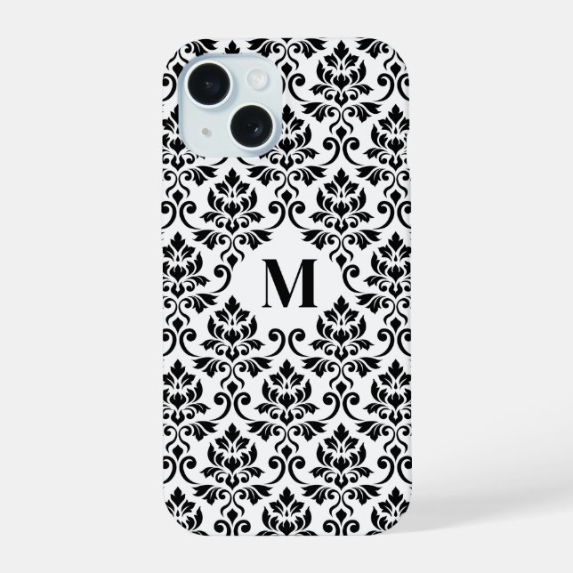 Coque iPhone 15 Feuille Damask Motif noir (personnalisé) (Verso)