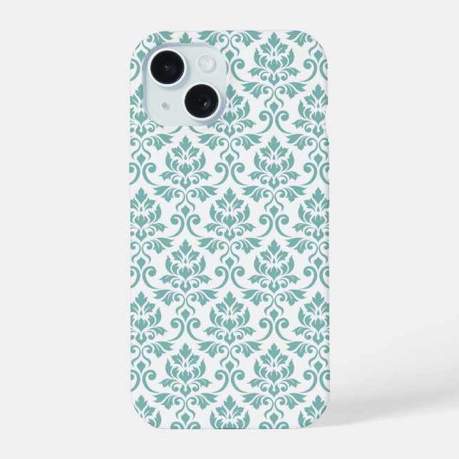 Coque iPhone 15 Feuille Damask Motif Turquoise (Verso)