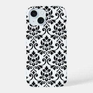 Coque iPhone 15 Feuille de Damas grand motif noir sur blanc