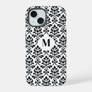 Coque iPhone 15 Feuille de Damas motif noir (sur mesure)