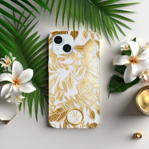 Coque iPhone 15 Feuille de Monstera en Or et Ivoire Luxe