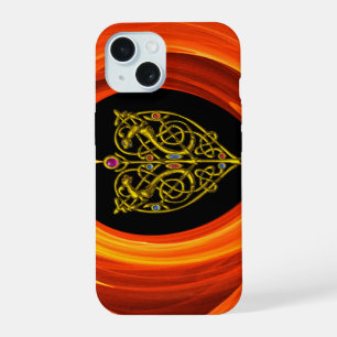 Coque iPhone 15 FEUILLE D'OR AVEC NOEUDS CELTIQUES, Noir Orange Ja