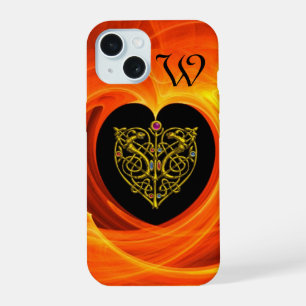 Coque iPhone 15 FEUILLE D'OR AVEC NOEUDS CELTIQUES,Noir Orange Jau