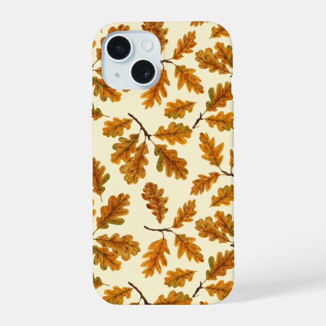 Coque iPhone 15 Feuilles de chêne automnal sur blanc (Verso)