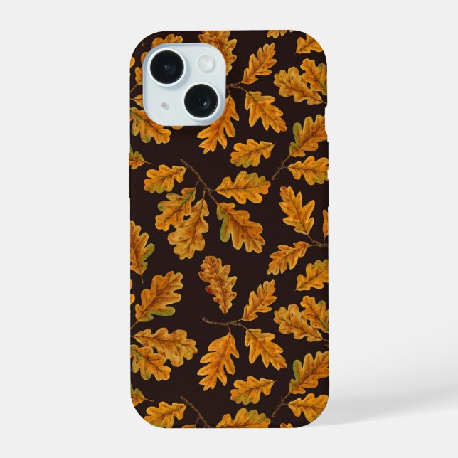 Coque iPhone 15 Feuilles de chêne automnal sur brun foncé (Verso)