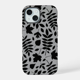 Coque iPhone 15 Feuilles tombés Lg Motif noir sur gris
