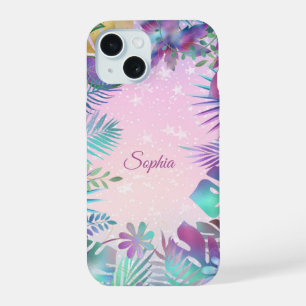 Coque iPhone 15 Feuilles tropicales, ciel rose étoiles blanches, n