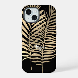 Coque iPhone 15 Feuilles tropicales dorées, nom en écriture blanch