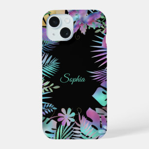 Coque iPhone 15 Feuilles tropicales, nom en écriture sarcelle sur