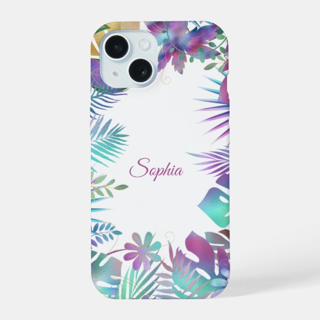 Coque iPhone 15 Feuilles tropicales, nom en script sur fond blanc (Verso)