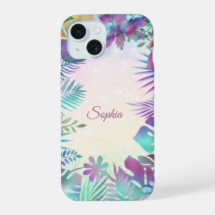 Coque iPhone 15 Feuilles tropicales, ombre sarcelle et vert, nom c