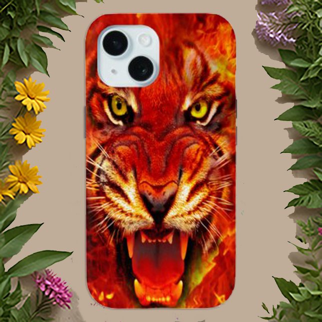 Coque iPhone 15 Fierce Fiery Roaring Tiger Art (Créateur téléchargé)