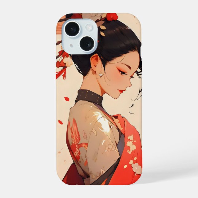 Coque iPhone 15 Fille Anime Geisha (Verso)