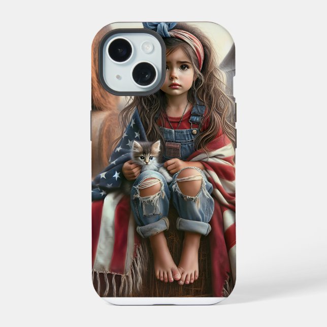 Coque iPhone 15 Fille avec drapeau américain et chaton (Verso)