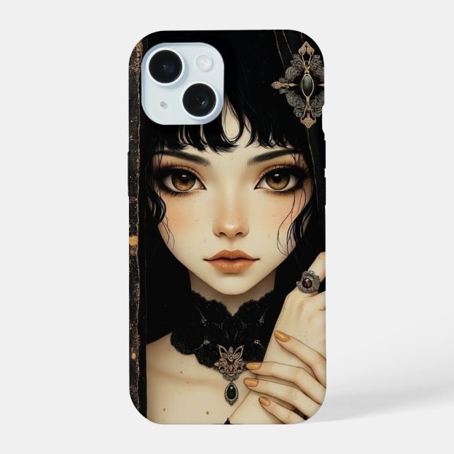 Coque iPhone 15 Fille d'anime gothique noir et or  (Verso)