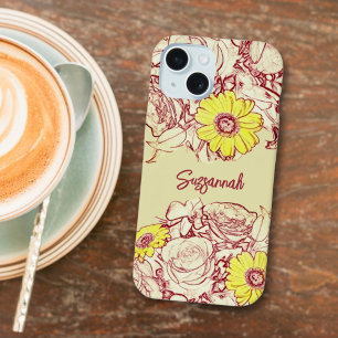Coque iPhone 15 Fille Floral Nom personnalisé Fleur marguerite jau