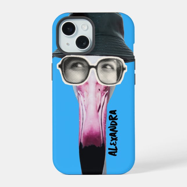 Coque iPhone 15 Flamant rose avec lunettes funky, animal unique (Verso)