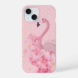 Coque iPhone 15 Flamant Rose Floral et Points à l'Aquarelle