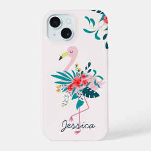Coque iPhone 15 Flamant rose floral tropical mignon