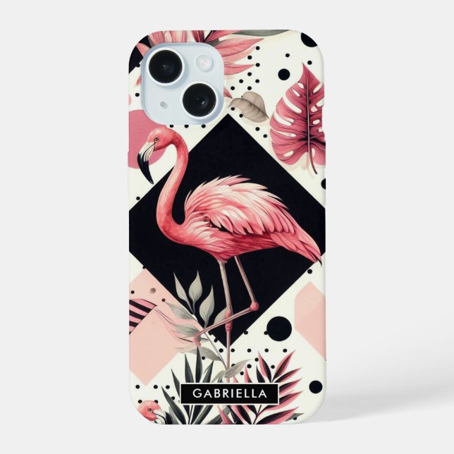 Coque iPhone 15 Flamant Rose Géométrique Mignon (Verso)