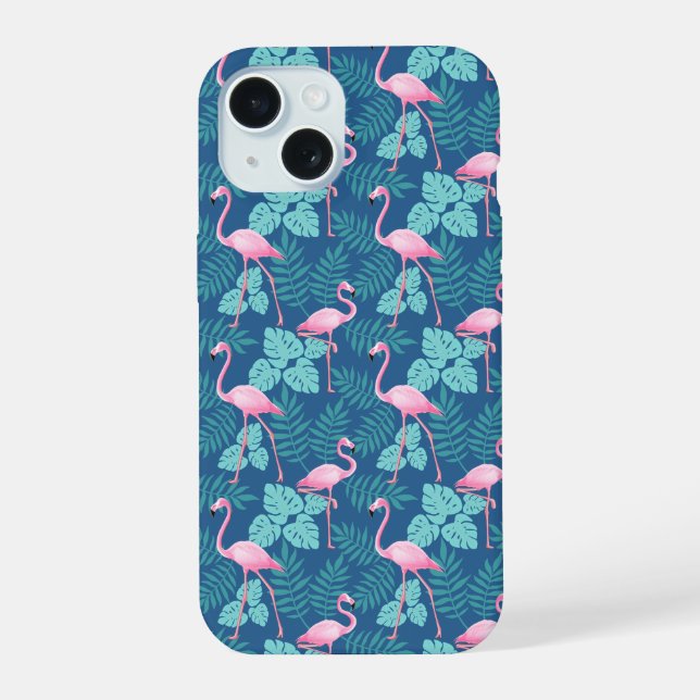 Coque iPhone 15 Flamant rose vintage bleu marine (Verso)