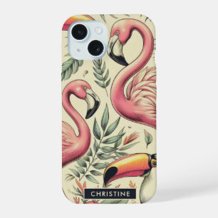 Coque iPhone 15 Flamant rose vintage et Toucan sans couture