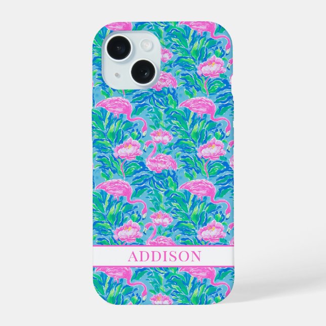 Coque iPhone 15 Flamants Rose Monogrammés Aquarelle (Verso)