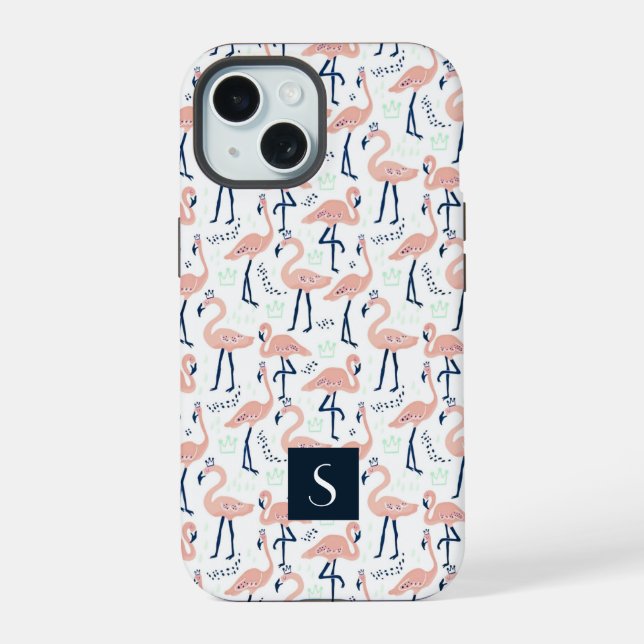 Coque iPhone 15 Flamants Roses Modernes Monogramme (Verso)